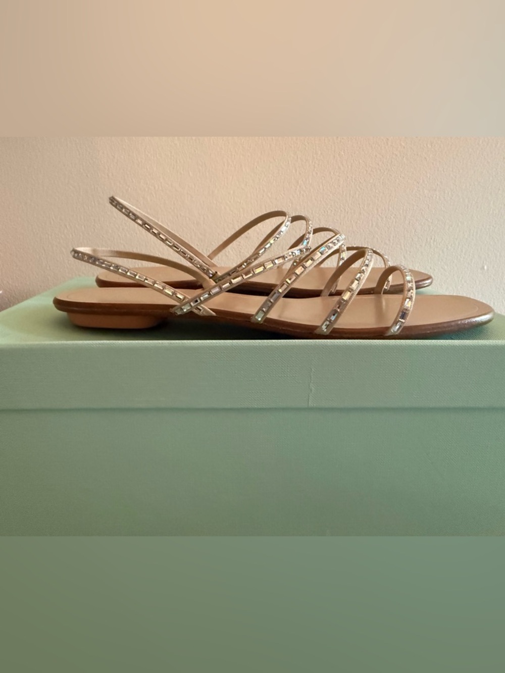 Aquazzura Tan Crystal-Strap Square Toe Flat Sandals - Picture 7 of 10